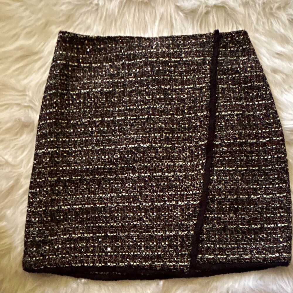 LOFT Womens Tweed Pencil Skirt 6 Black White Red Lined Zip Geometric 509